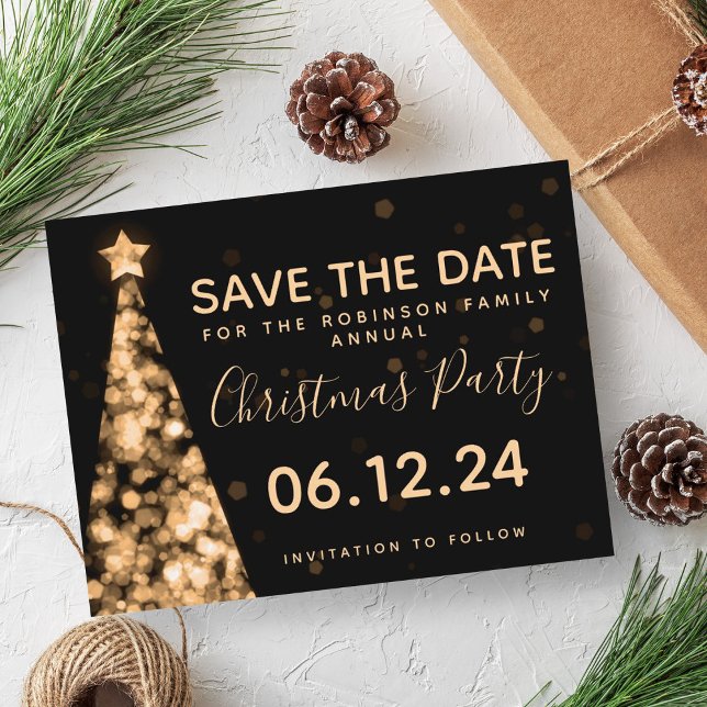 Modern Gold & Black Christmas Party Save The Date Announcement Postcard (Modern Gold & Black Christmas Party Save The Date Announcement Postcard)
