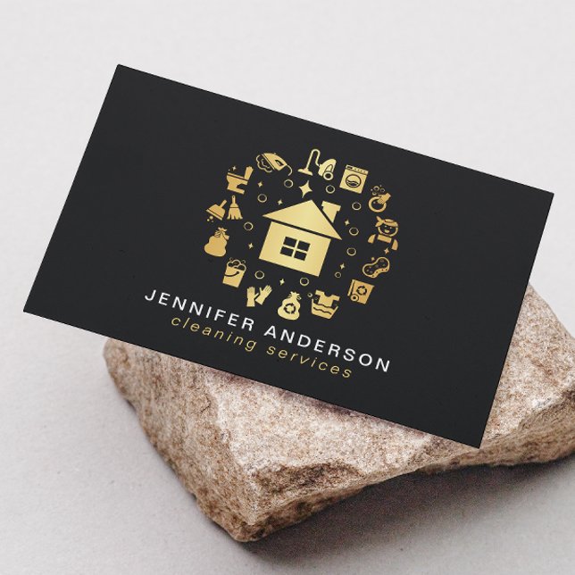 Modern Gold & Black Cleaning Services Business Card (Creator Uploaded)
