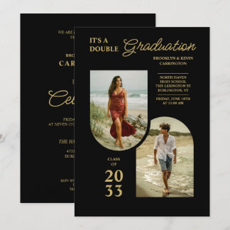 Modern Gold Black Double Grad 2 Photo TMF26 Invitation