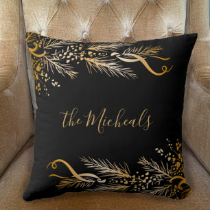 Modern Gold Black Family Name Merry Christmas Cushion