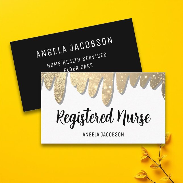 Modern Gold Black Glitter Drips Registered Nurse Business Card (Creator Uploaded)