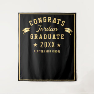 Modern Gold Black Graduation Photo Booth Backdrop Tapestry