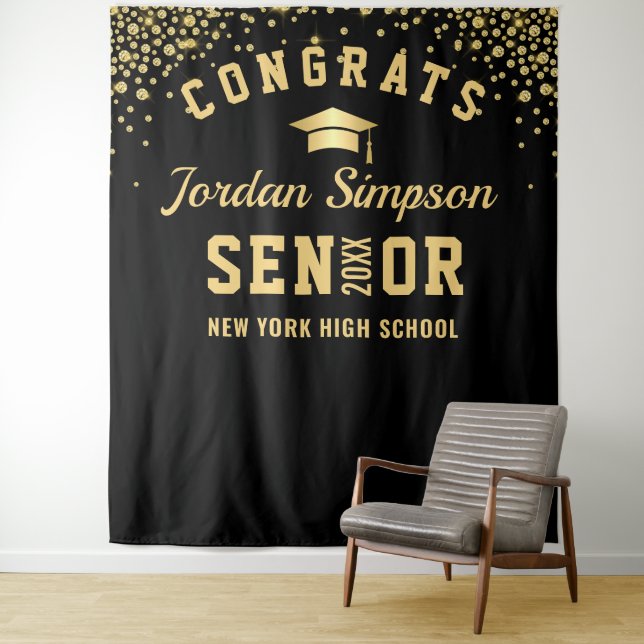 Modern Gold Black Graduation Photo Booth Backdrop Tapestry (In Situ)