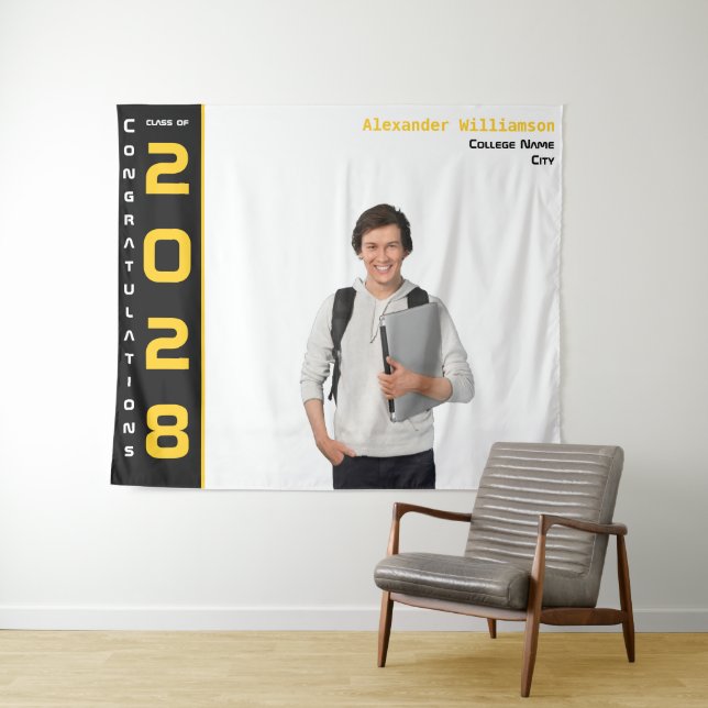 Modern Gold Black Graduation Photo Party Tapestry (In Situ (Horizontal))