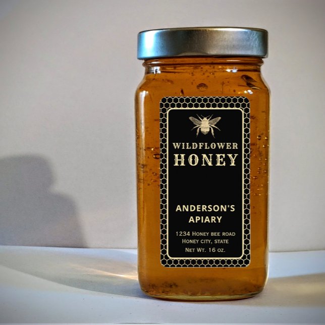 Modern gold  black honeybee honey jar label (Creator Uploaded)