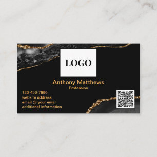 Modern Gold Black Marble Add Logo and QR Code Business Card