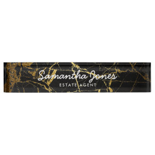 Modern Gold Black Marble Classic Personalized Nameplate