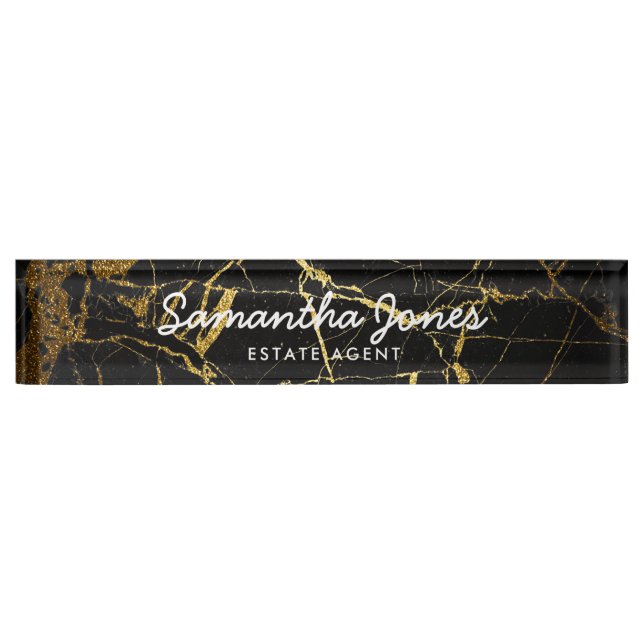 Modern Gold Black Marble Classic Personalized Nameplate (Front)
