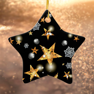 Modern Gold Black Metallic Stars Merry Christmas Ceramic Tree Decoration