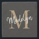 Modern Gold Black Monogram Feminine Script Name Stone Coaster<br><div class="desc">Modern Gold Black Monogram Feminine Script Name Stone Coaster. Easily personalise this modern elegant stone coaster with your custom monogram and name.</div>