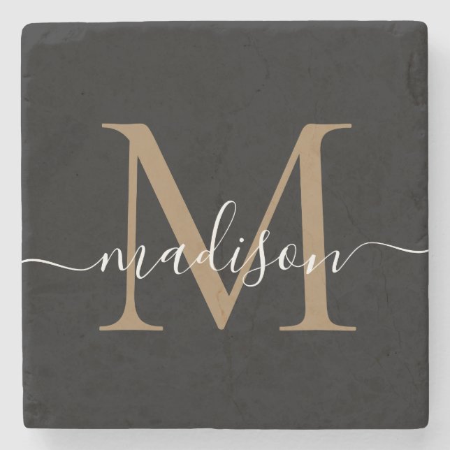 Modern Gold Black Monogram Feminine Script Name Stone Coaster (Front)