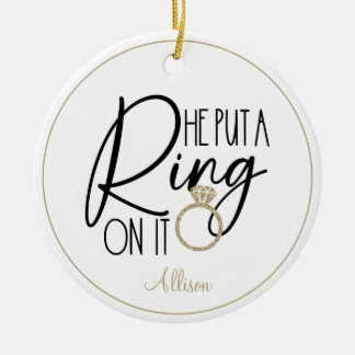 Modern Gold Black Name He put a Ring on it Ceramic Tree Decoration