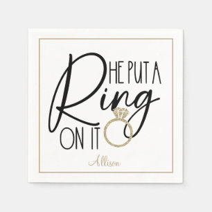 Modern Gold Black Name He put a Ring on it Napkin