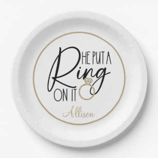 Modern Gold Black Name He put a Ring on it Paper Plate