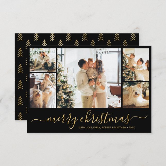 Modern Gold Black Photo Christmas Holiday Card (Front/Back)
