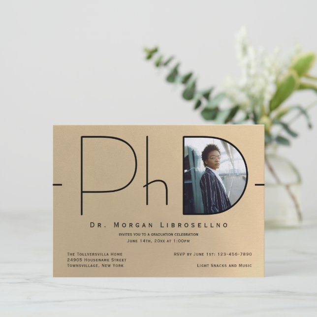 Modern Gold Black Photo PhD Graduation Invitation (Standing Front)