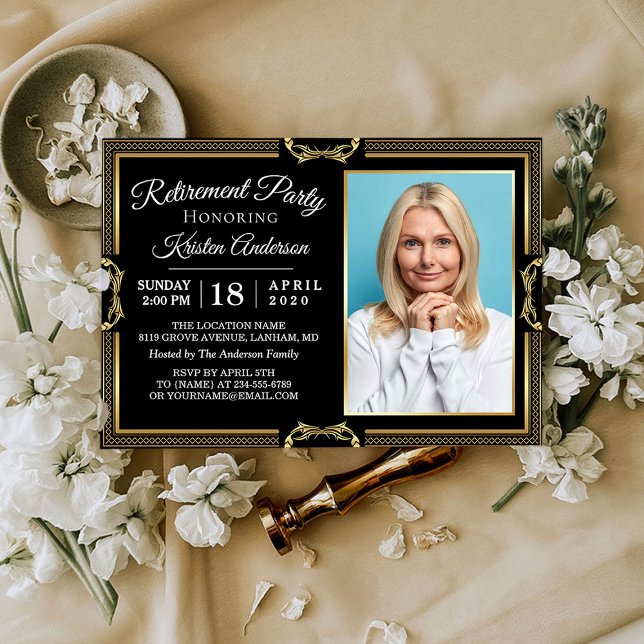 Modern Gold Black Photo Retirement Party Invitation (Creator Uploaded)