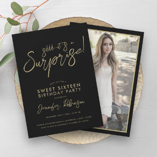 Modern Gold & Black Photo Surprise Sweet 16 Invitation