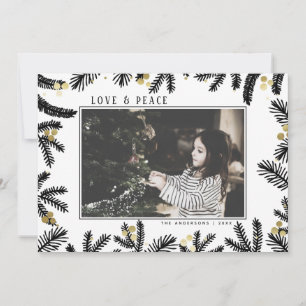 Modern Gold & Black Pine and Berries Holiday Photo Card