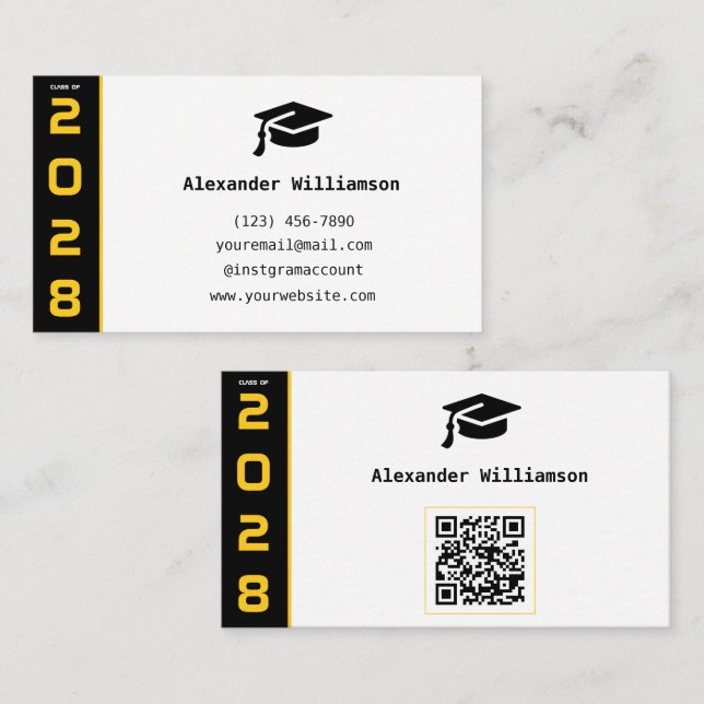 Modern Gold Black QR Code Graduation Name Card (Front/Back)