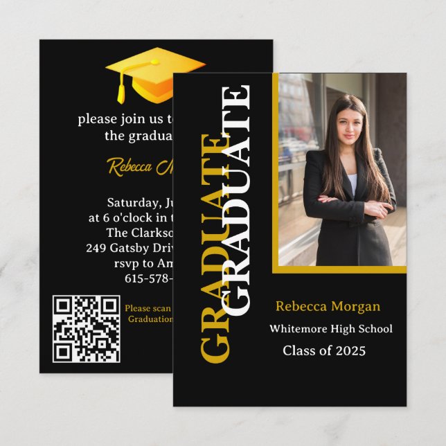 Modern Gold Black  Qr code Photo Graduation  Invitation (Front/Back)