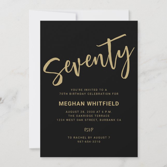 Modern Gold Black Seventy Script 70th Birthday Invitation (Front)