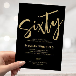Modern Gold Black Sixty Script 60th Birthday Party Invitation