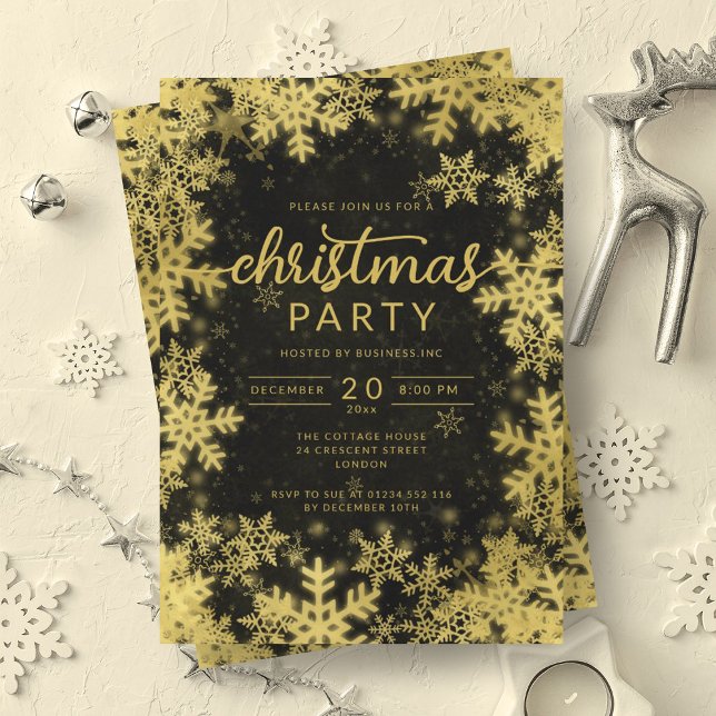 Modern Gold Black Snowflakes Company Christmas  Invitation (Modern Gold Black Snowflakes Company Christmas Invitation)