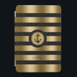 Modern Gold & Black Stripes Nautical Anchor iPad Mini Cover<br><div class="desc">Elegant modern monogramed gold metallic stripes over black background that you can change. White and gold circle for white nautical anchor illustration. Custom monogram. If you need any help customising, changing colour, or anything else to any of my designs, contact ArtOnWear designer. Free text formatting with live help available by...</div>