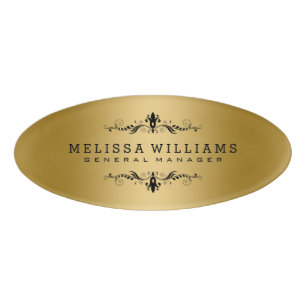 Modern Gold & Black Swirls Frame Name Tag