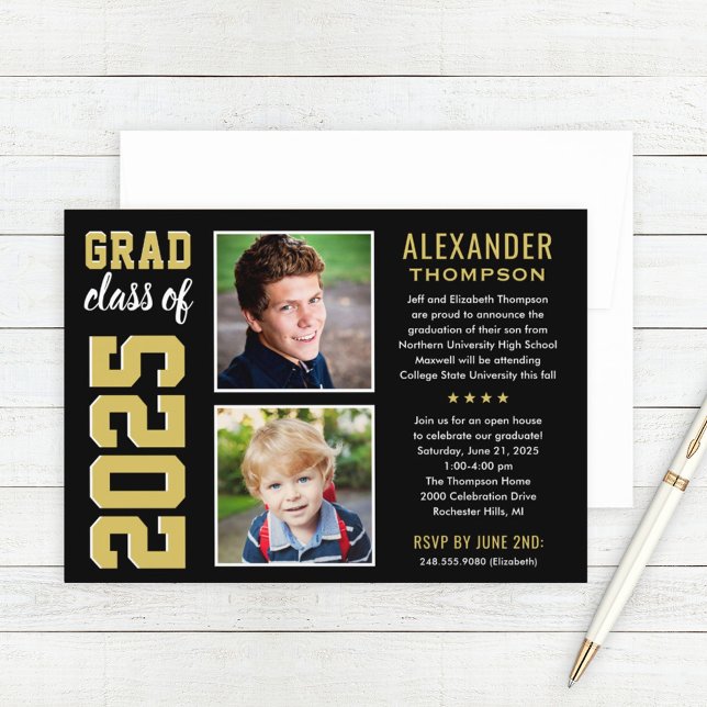 Modern Gold Black Two Photo Graduation Party Invitation (Creator Uploaded)