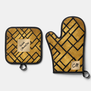 Modern Gold Black Vintage Art Deco Collection Oven Mitt & Pot Holder Set