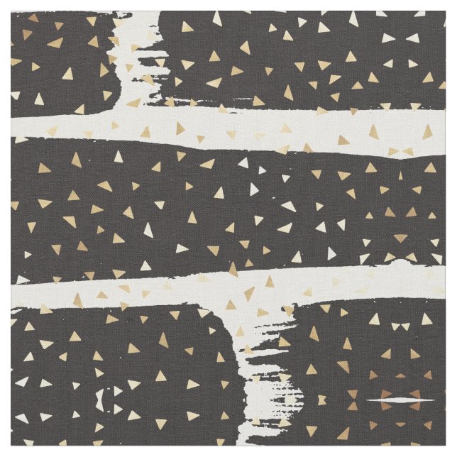 Modern Gold Black White Brush Strokes Triangles Fabric (Close Up)