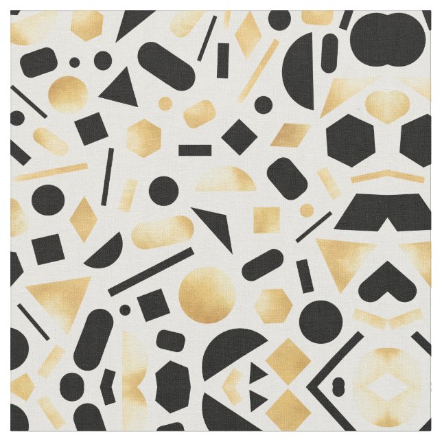 Modern Gold Black White Geometric Shapes Pattern Fabric (Close Up)