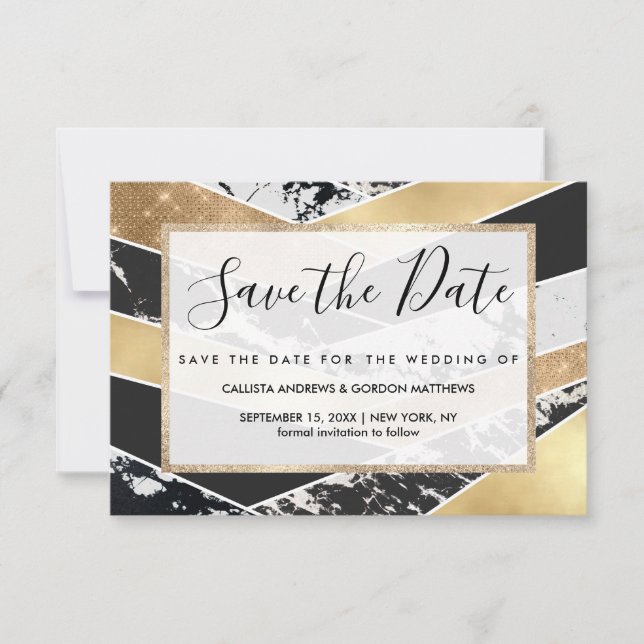 Modern Gold Black White Glitter Marble Geometric Save The Date (Front)