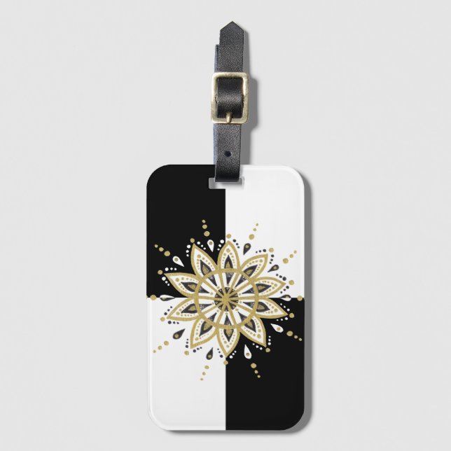 Modern Gold Black & White Mandala Design Luggage Tag (Front Vertical)