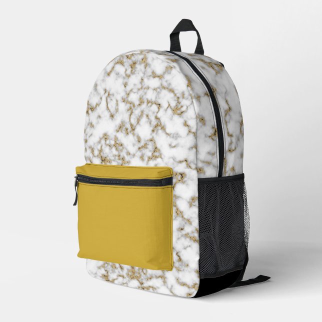 Modern Gold Black White Marble Printed Backpack (Back Corner Right)