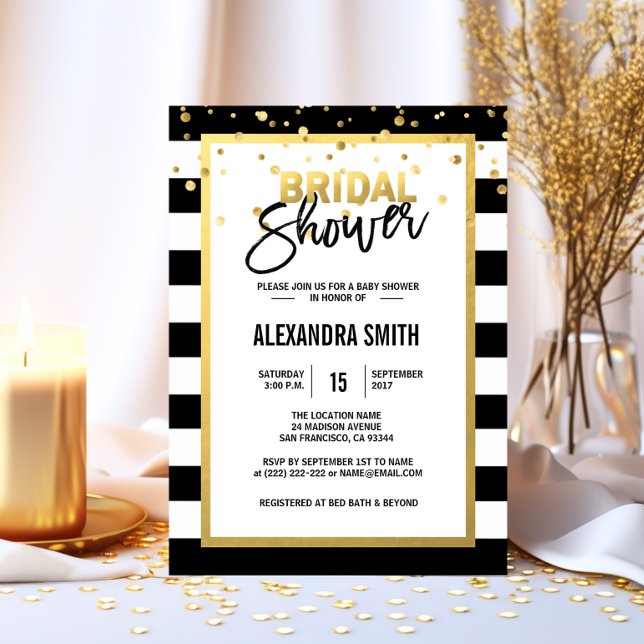 Modern Gold Black White Stripes Bridal Shower Invitation (Modern Gold Black White Stripes Bridal Shower Invitation)