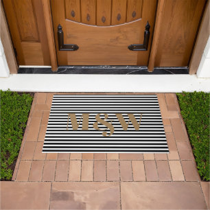 Modern gold black white stripes custom monogram doormat