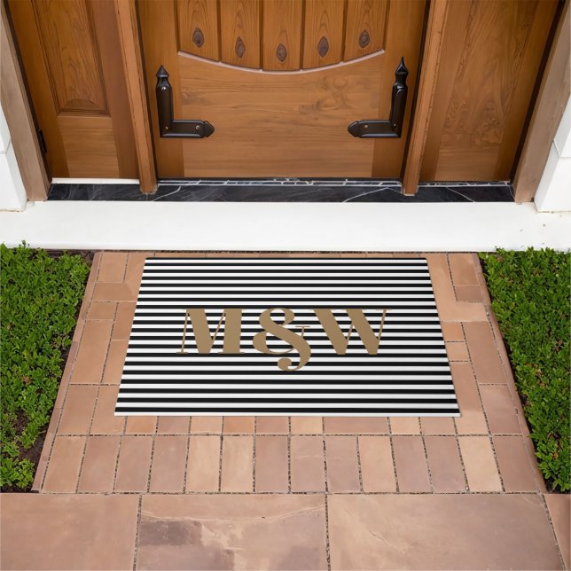 Modern gold black white stripes custom monogram doormat (Outdoor)