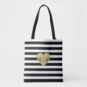 Modern Gold Black White Stripes Heart Monogrammed Tote Bag
