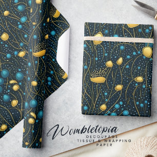 Modern Gold & Blue Abstract Floral Wrapping Paper