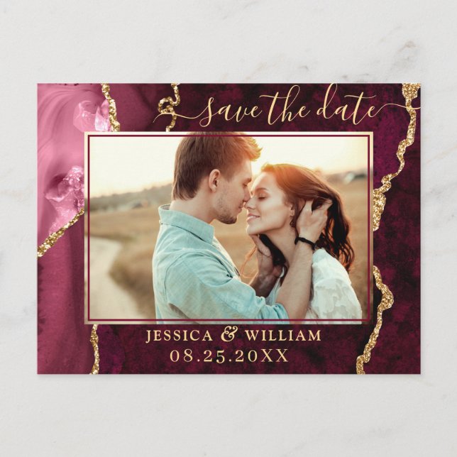 Modern Gold Blue Agate PHOTO Save the Date Announcement Postcard (Front)