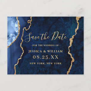 Modern Gold Blue Agate Wedding Save the Date Postcard