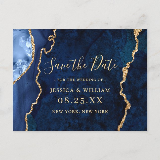Modern Gold Blue Agate Wedding Save the Date Postcard (Front)