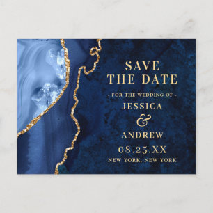 Modern Gold Blue Agate Wedding Save the Date Postcard