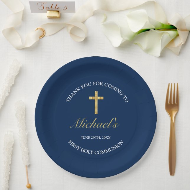 Modern Gold Blue Cross First Communion Reception Paper Plate (Wedding)