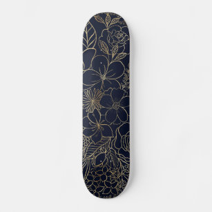 Modern Gold Blue Floral Doodles line art Skateboard