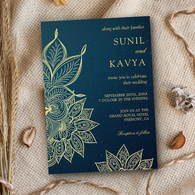Modern Gold Blue Galaxy Henna Indian Wedding Invitation (Creator Uploaded)