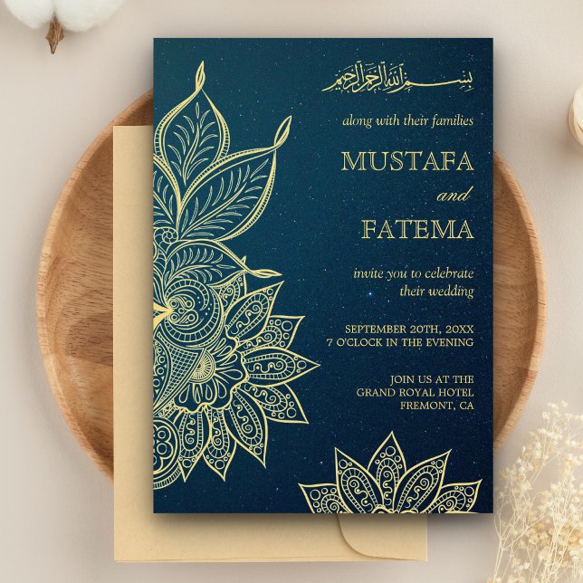 Modern Gold Blue Galaxy Henna Islamic Wedding Invitation (Creator Uploaded)